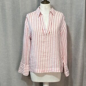 Gorgeous NWT Linen PopOver V-Neck Top-Sz S-Red/White Striped-Martha Stewart